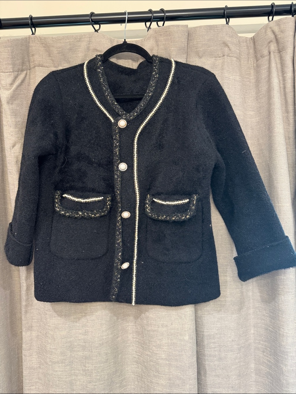 Women's Black Tweed-Trim Boxy Jacket with Pearl Buttons